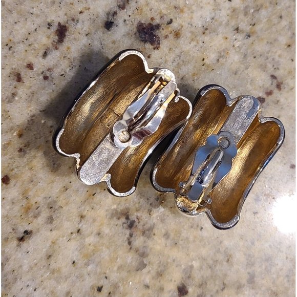 Donald Stannard Black White Gold Large Chunky Enamel Clip Earrings Half Hoop - Picture 5 of 14